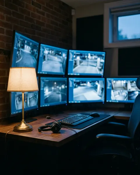 Imagem ilustrativa: mesa de central de monitoramento à noite, com vários monitores mostrando câmeras de entradas e um headset sobre a mesa.