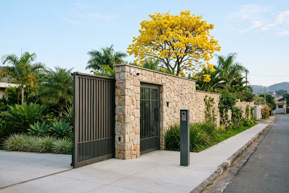 Imagem ilustrativa: entrada de um condomínio residencial com muro de pedra, portão de pedestres, portão de veículos, totem de interfone e um ipê florido.